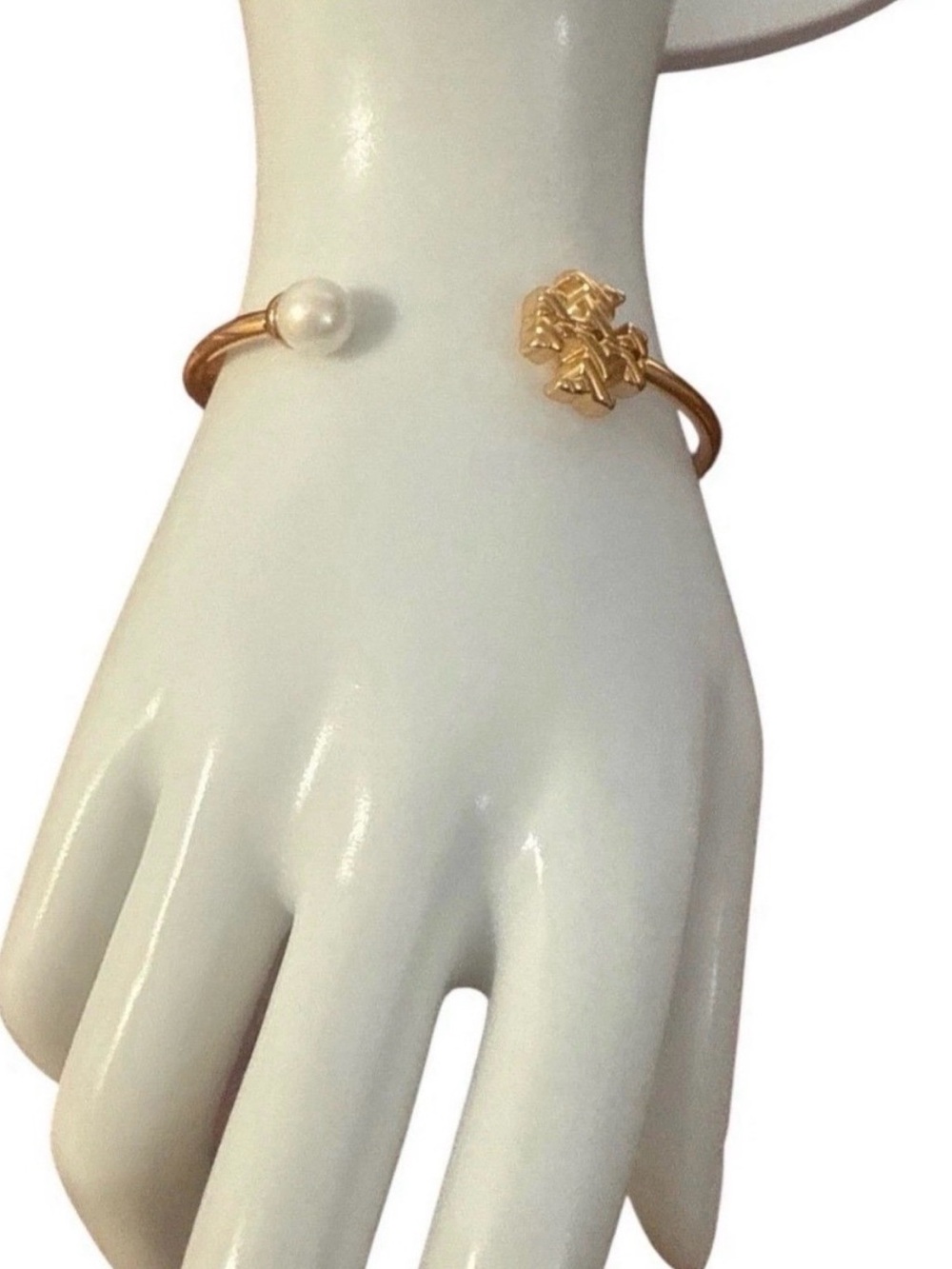Tory Burch Gold Open Cuff Bracelet with White Pearl and Gold Logo - Picture 3 of 3